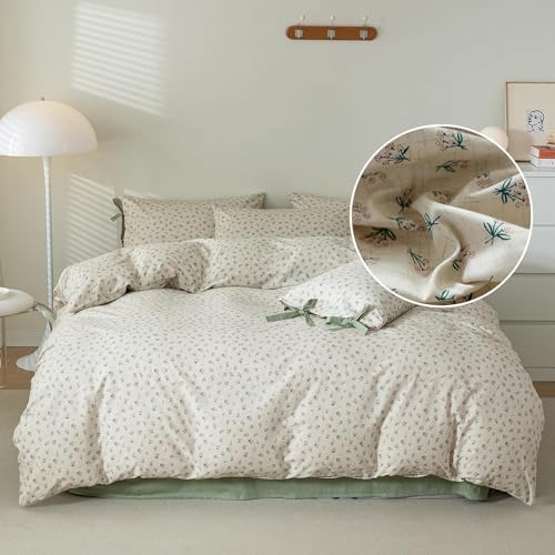 Vintage Green Floral Comforter Set King Aesthetic Flower Printed Floral Bedding Comforter Set Garden Style Botanical Comforter with 2 Bow Ties Pillowcases Soft Fluffy Farmhouse Bedding Set King