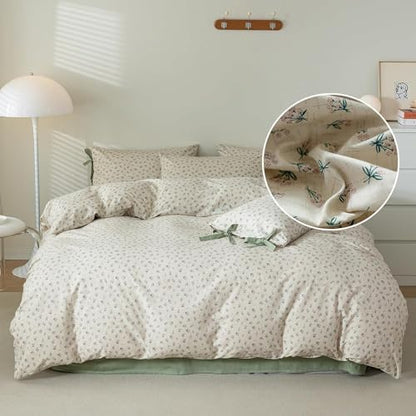 Vintage Green Floral Comforter Set King Aesthetic Flower Printed Floral Bedding Comforter Set Garden Style Botanical Comforter with 2 Bow Ties Pillowcases Soft Fluffy Farmhouse Bedding Set King