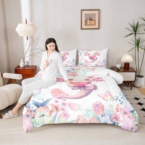 Feelyou Cute Axolotl Comforter Set Toddler Kids Cartoon Salamander Bedding Set for Boys Girls Teens Flower Floral Print Duvet Quilt Kawaii Reptile Animal Ocean Sealife Room Decor