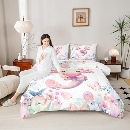 Feelyou Cute Axolotl Comforter Set Queen Size Kids Cartoon Salamander Bedding Set for Boys Girls Flower Floral Print Duvet Quilt Kawaii Reptile Animal Ocean Sealife Room Decor