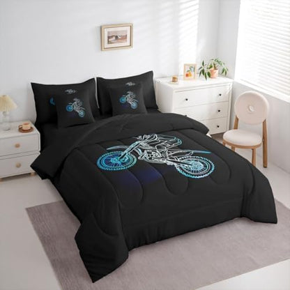 Feelyou Neon Blue Dirt Bike Comforter Set King 7 Pieces Off-Road Sport Bedding Set Boys Girls Neon Line Design Bed in a Bag Outdoor Sports Room Decor Motocross Art Quilted Breathable Soft Lightweight