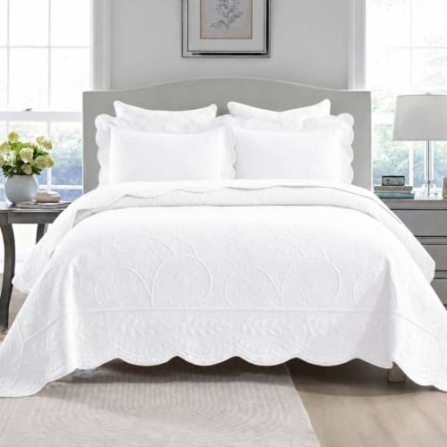 100% Cotton Embroidered Quilt Bedspread Set, Bright White, Oversized King