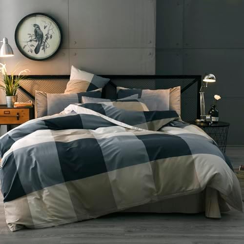 mixinni Twin Size Checkered Duvet Cover Set - 3 Piece Grey Geometric Cotton Bedding Set with Zipper Closure & Corner Ties, 100% Washed Cotton Soft Breathable Duvet Cover for Men, Women, Teens (Twin)
