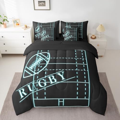 Sports Bed in a Bag 7-Piece for Boys Football Bedding Set, Soccer Game Full Size Comforter Set Black Teal Blue Bedding Comforter Sets, Neon Blue Rugby Field Bed Set Lightweight (Black Reversible)