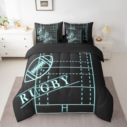 Sports Bed in a Bag 7-Piece for Boys Football Bedding Set, Soccer Game Full Size Comforter Set Black Teal Blue Bedding Comforter Sets, Neon Blue Rugby Field Bed Set Lightweight (Black Reversible)