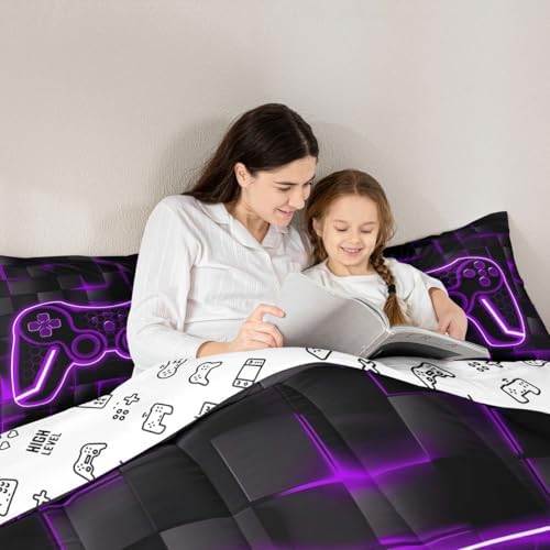 Feelyou Kids Gamer Comforter Set Full Size Purple Black Bedding Set Boys