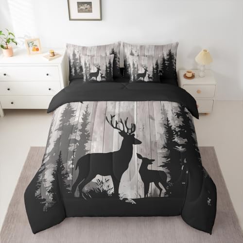 Erosebridal Deer Family Bedding Set Queen Retro Wooden Farmhouse Comforter Set 7 Piece Hunting Rustic Animal Bed in A Bag for Kids Adults Western Forest Wildlife Hunting Quilt with Flat Fitted Sheet