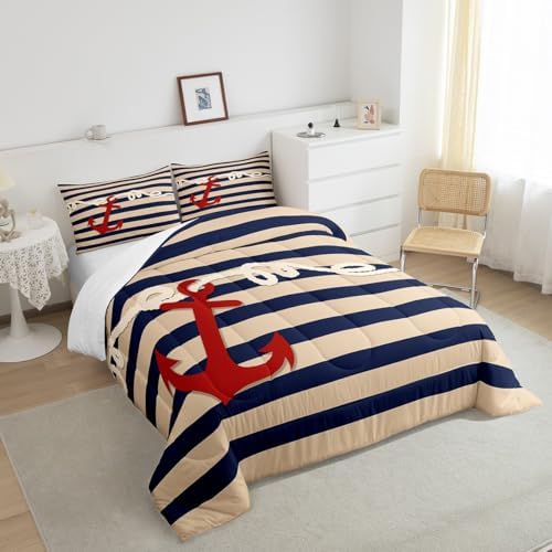 Homewish Anchor King Size Comforter Set,Kids Nautical Red Anchor Decor All Season Bedding Set,Teens Navigation Theme Comforter,Girls Navy Stripes Decor Quilt Set Bedroom Collection 3Pcs