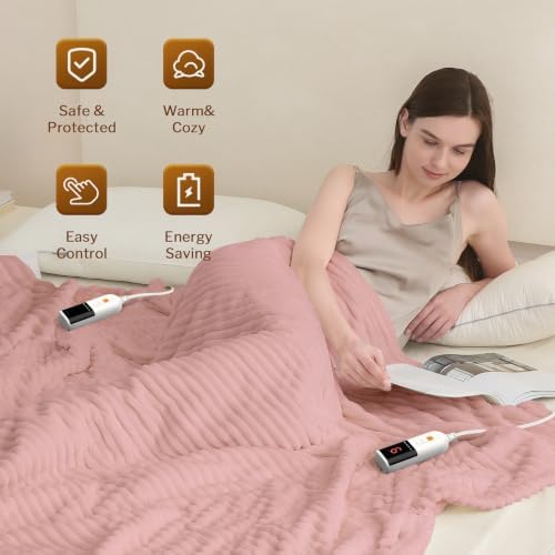 Reaks Heated Blanket Queen, 9 Heat Levels, 2-10H Auto-Off, 84"x90", Pink