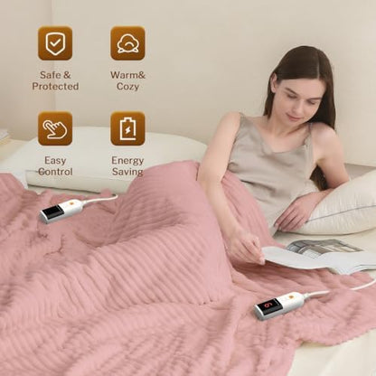 Reaks Heated Blanket Queen, 9 Heat Levels, 2-10H Auto-Off, 84"x90", Pink