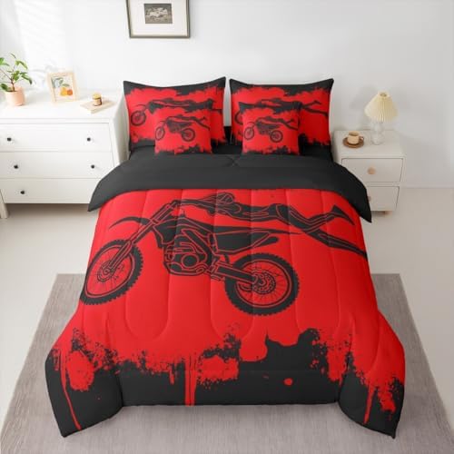 Erosebridal Dirt Bike Queen Comforter Set 7 Pieces, Motocross Rider Bed in A Bag for Bedroom, Motorcycle Game Bedding Set with Comforters, Sheets, Pillowcases Motorbike Extreme Sport Bedroom Decor