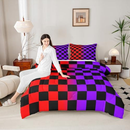 Feelyou Checkered Retro Comforter Set Queen Size Geometric Vintage Bedding Set for Kids Boys Girls Red Purple Duvet Quilt Modern Groovy Aesthetic Bedroom Decor 3 Pcs with 2 Pillow Cases