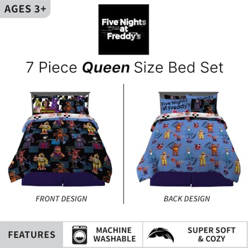 Five Nights At Freddy's Kids Bedding Super Soft & Cozy Comforter and Sheet Set with Sham, 7 Piece Queen Size, (Officially Licensed Product) By Franco