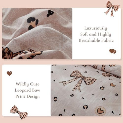 Wajade 7 Piece Cheetah Bow Comforter Set for Girls Kids Twin Size Bedding Set with Sheet and 2 Pillowcases 2 Pillow Shams Cute Girls Bed in a Bag as Birthday Choice