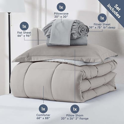 Nestl 7 Piece Twin Comforter Set – Linen Reversible Bed in a Bag – Complete Twin Size Bedding Set with Sheets, Set of 2 Down Alternative Pillows, Pillowcase and Sham