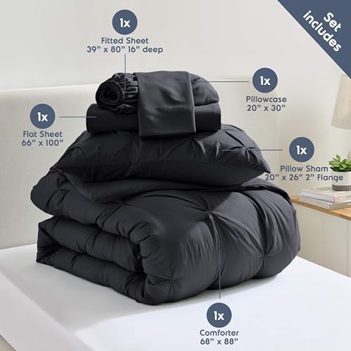 Nestl 7 Piece Twin XL Comforter Set – Black Pinch Pleated Bed in a Bag – Complete Twin XL Size Bedding Set with Sheets, Set of 2 Cooling Pillows, Pillowcase and Sham