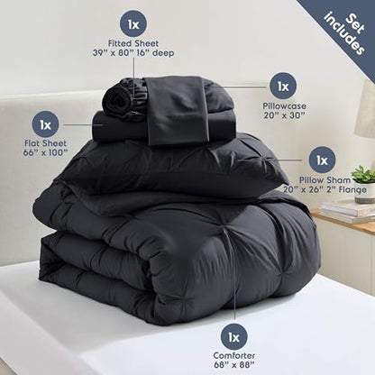 Nestl 7 Piece Twin XL Comforter Set – Black Pinch Pleated Bed in a Bag – Complete Twin XL Size Bedding Set with Sheets, Set of 2 Cooling Pillows, Pillowcase and Sham