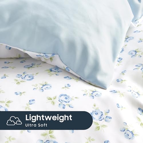 Wake In Cloud - Floral Comforter Set with Sheets, Coquette Cottagecore Aesthetic Flower Shabby Chic Pattern for Women Teen Girls, 5 Pieces Bed in a Bag, White Blue, Twin Size