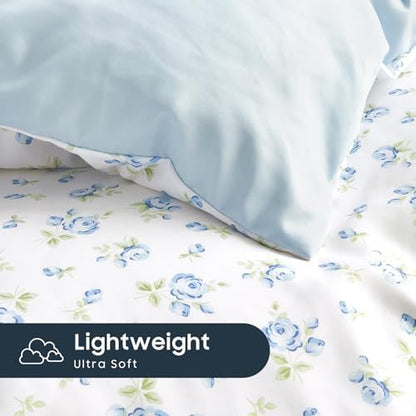 Wake In Cloud - Floral Comforter Set with Sheets, Coquette Cottagecore Aesthetic Flower Shabby Chic Pattern for Women Teen Girls, 5 Pieces Bed in a Bag, White Blue, Twin Size