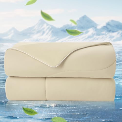 Cozy Bliss Cooling Comforter King Size x Sorona® Viscose Natural Fiber, Reversible Silky Smooth Cooling Blanket with Q-Max＞0.45 for Hot Sleepers & Night Sweats, Khaki, 106"x90"