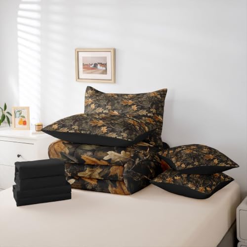 Erosebridal Camo Bedding Set Full Hunting Camouflage Comforter Set 7 Piece Cabin Lodge Forest Vintage Bed in A Bag for Kids Boys Girls Nature Camo Tree Leaves Quilt with Flat Fitted Sheet