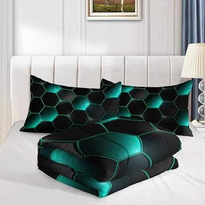 Geometric Black Green Neon Comforter Set,Light Honeycomb 3 Piece Bedding Set Queen for Teen Boys,Modern Bedding Quilt Set Geometry Decor,Microfiber Lightweight 1 Comforter 2 Pillowcases All Season
