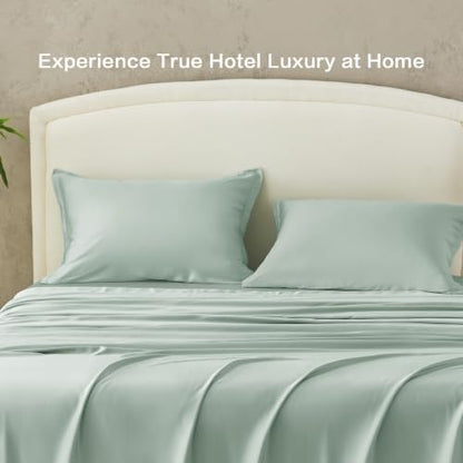 Andency Sateen Sheets Set, 100% Viscose Derived from Bamboo, Hotel Luxury Silky & Cooling for Hot Sleepers, Deep Pocket Up to 16", Sateen Green Queen