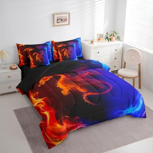Erosebridal Dragon 7 Piece Bedding Set King Nebula Comforter Set with Sheets Mysterious Outer Space Bed in A Bag Red Blue Ombre Bed Sets with 2 Pillowcases, 2 Throw Pillow Covers