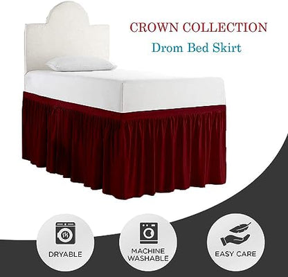 Crown Collection 34 Inch Drop Twin XL Size Dorm Bed Solid Bed Skirt Stylish Ruffled Pattern Split Corner Easy Fit Easy Care Fade & Wrinkle Resistant- Micorfiber