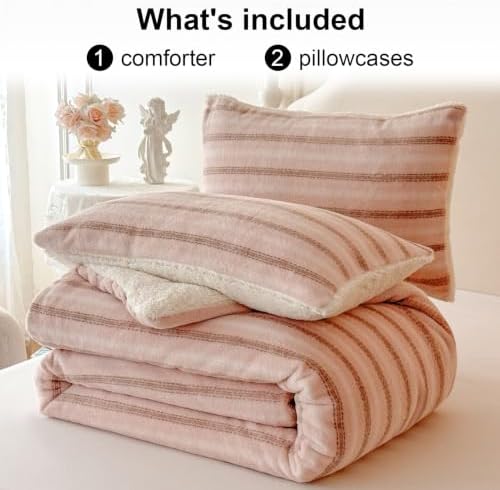 Cyusri Striped Sherpa Comforter Set 3Pcs Fluffy Warm Fleece Down Alternative, Pink Stripe Bedding Set with 2 Pillowcases, Queen Size 90"x90"