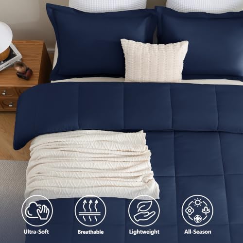 CozyLux King Size Comforter Set, 3-Piece Box-Stitched, Navy Blue