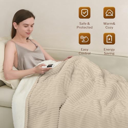 Reaks Heated Blanket Twin, 9 Heat Levels, 2-10H Auto-Off, 62"x84", Beige