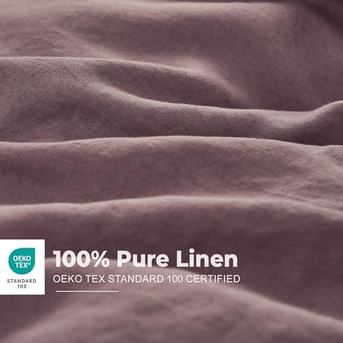 Simple&Opulence 100% French Linen Duvet Cover Set with Embroidered,3 Pcs Washed Soft Farmhouse Bedding Set with Button Closure,1 Comforter Cover and 2 Pillowshams(Queen,Purple)