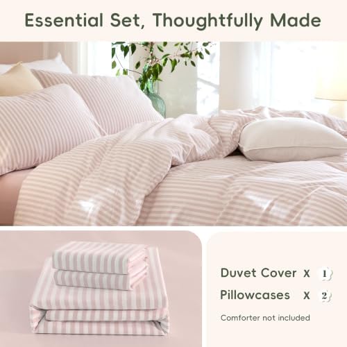 JIYUAN Full Washed Cotton Duvet Cover Set, 3-Piece, Linen-Like Stripe
