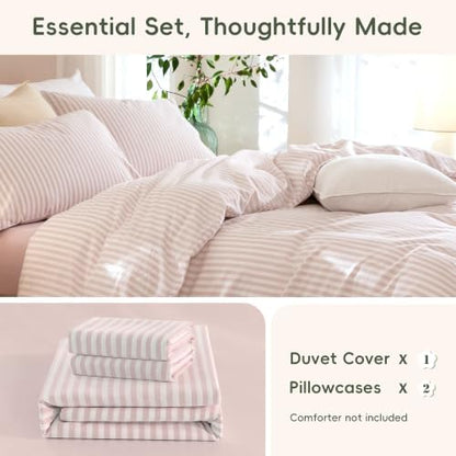 JIYUAN Full Washed Cotton Duvet Cover Set, 3-Piece, Linen-Like Stripe
