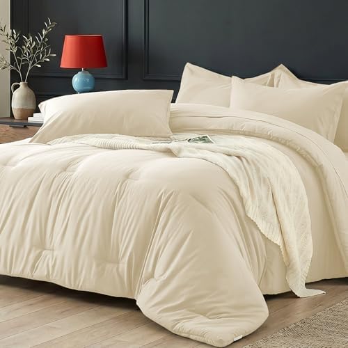 Oversized Queen Comforter Set 7 Piece - Soft Bed in a Bag Queen Size Comforter Sets, Cozy Bedding Sets with All Season Comforter, Flat Sheet, Fitted Sheet,2 Pillowcases & 2 Shams, Beige