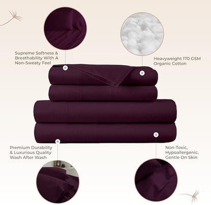 100% Organic Flannel Sheets King Size - GOTS Certified 100% Cotton Flannel Sheets Set with Comfortable Soft Brushed Finish & Deep Pocket - 1 Flat 1 Fitted & 2 Pillowcases (Aubergine, King)