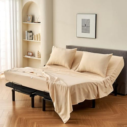 Kingnex 32-34 Split Top King Sheets Sets for Adjustable Bed Soft Double Brushed Microfiber 4 Pieces Include 1 Partial Flex Head King Fitted Sheet 1 Flat Sheet 2 King Size Pillowcase Beige
