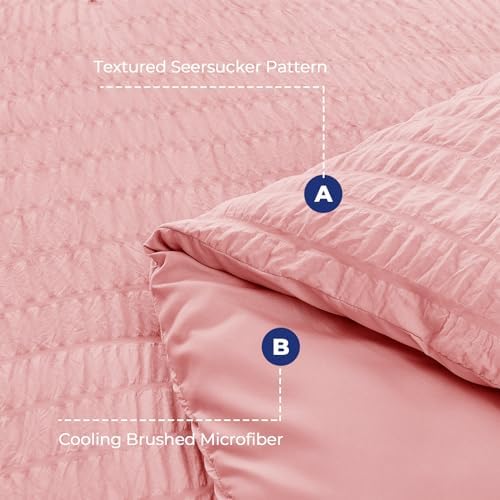 HYMOKEGE Rose Pink Queen Comforter Set Seersucker 7 Pieces, All Season Luxury Bed in a Bag Queen for Bedroom, Bedding Set with Comforter, Sheets, Pillowcases & Shams