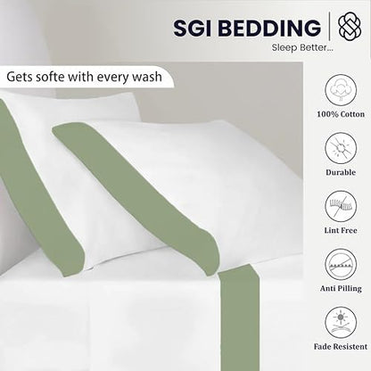 SGI bedding Hudson Hotel Collection 4 Piece Egyptian Cotton Sheets King Size - 15" Deep Pocket, Premium Cotton, Elegant 4" Moss Hem on White Sheet - White/Moss