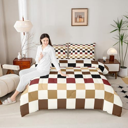 Checkered Geometric Bedding Set for Boys Girls Brown Red Black Plaid Comforter Set Toddler Size Checkerboard Modern Aesthetic Duvet Quilt Reversible Grey Bedroom Decor 2 Pcs with 1 Pillow Cases