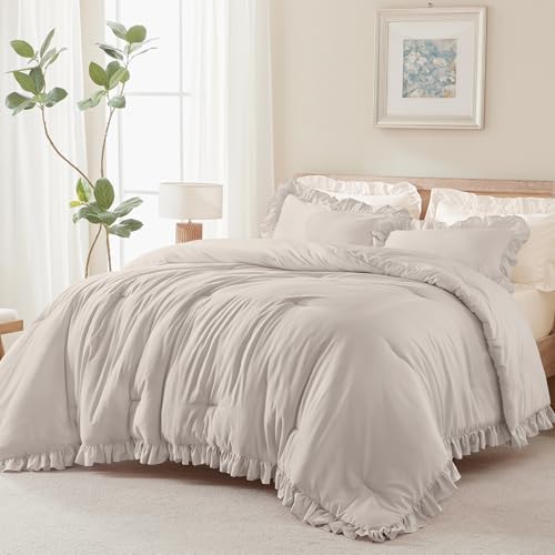 Andency Linen Comforter Set Full Size, 3 Pcs Solid Ruffle Vintage Bedding