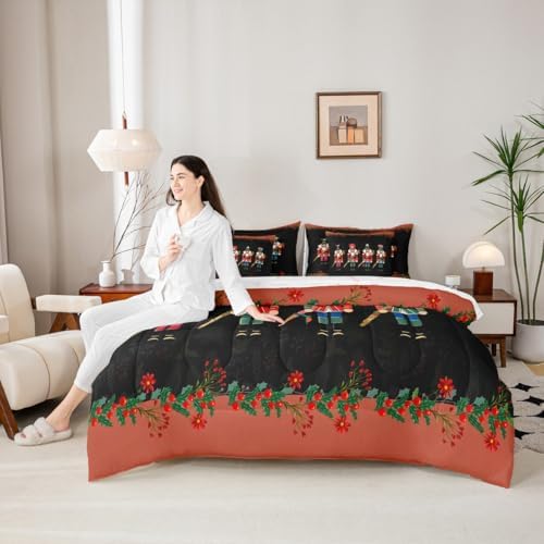 Erosebridal Christmas Soldier 7 Piece Bedding Set Twin Nutcracker Comforter Set with Sheets Cute Xmas Festival Bed in a Bag Black Red Florals Bed Sets Comforter