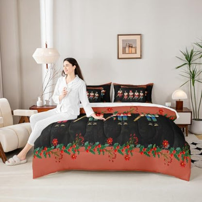 Erosebridal Christmas Soldier 7 Piece Bedding Set Twin Nutcracker Comforter Set with Sheets Cute Xmas Festival Bed in a Bag Black Red Florals Bed Sets Comforter