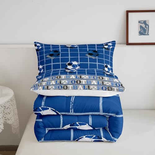 Homewish Soccer Sports Full Size Comforter Set,Blue Soccer Grid Bedding Set for Adults Teens,Children Sport Gaming Comforter Luxury Football Pattern Quilt Set Room Decor 3Pcs