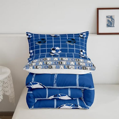 Homewish Soccer Sports Full Size Comforter Set,Blue Soccer Grid Bedding Set for Adults Teens,Children Sport Gaming Comforter Luxury Football Pattern Quilt Set Room Decor 3Pcs