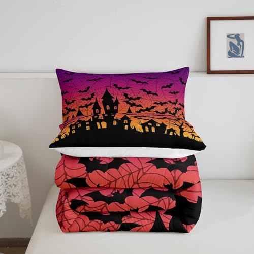 Homewish Castle Silhouette Full Size Comforter Set,Orange Purple Bedding Set for Adults Teens,Children Black Bat Comforter Luxury Halloween Theme Quilt Set Room Decor 3Pcs