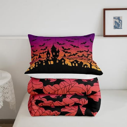 Homewish Castle Silhouette Full Size Comforter Set,Orange Purple Bedding Set for Adults Teens,Children Black Bat Comforter Luxury Halloween Theme Quilt Set Room Decor 3Pcs