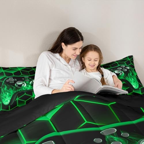 Green Gaming Comforter Set for Boys, Neon Geometric Toddler Bedding, 3D Geometric Kids Comforter Set with Flame Gaming Consoles Decor