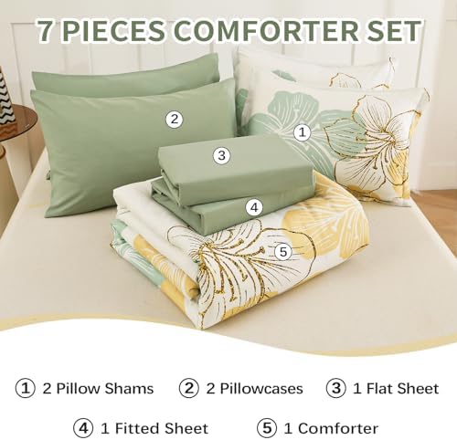 Luxudecor Sage Green Floral Comforter Set Queen Size, 7 Pieces Bed in a Bag Gold Glitter Metallic Comforter and Sheet Set, Soft Microfiber Complete Bedding Sets for All Seasons